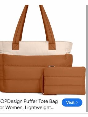 Puffer Tote Bag with Matching Wristlet in Tan and Cream